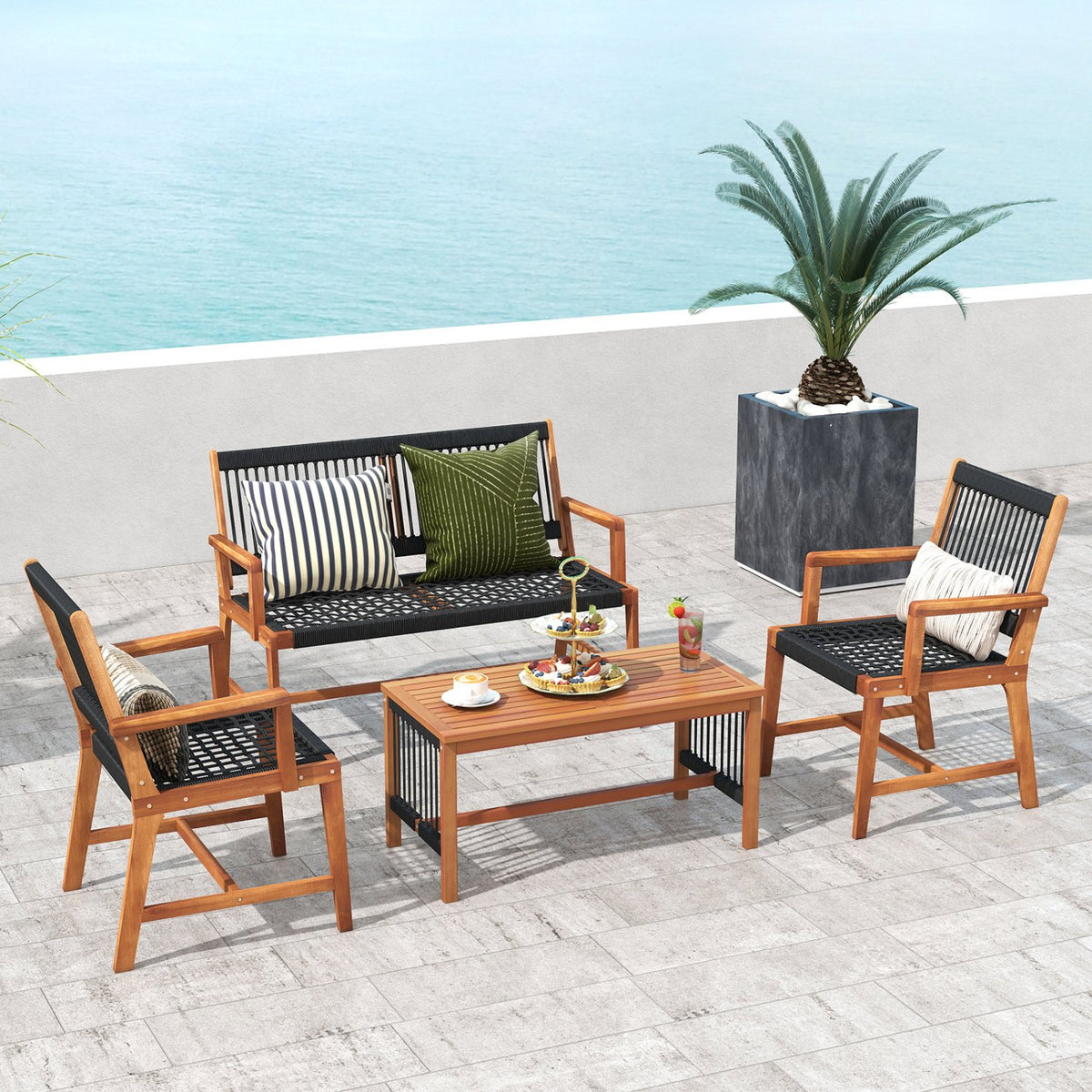4 Pieces Acacia Wood Patio Conversation Table and Chair Set with Hand Woven Rope view 2