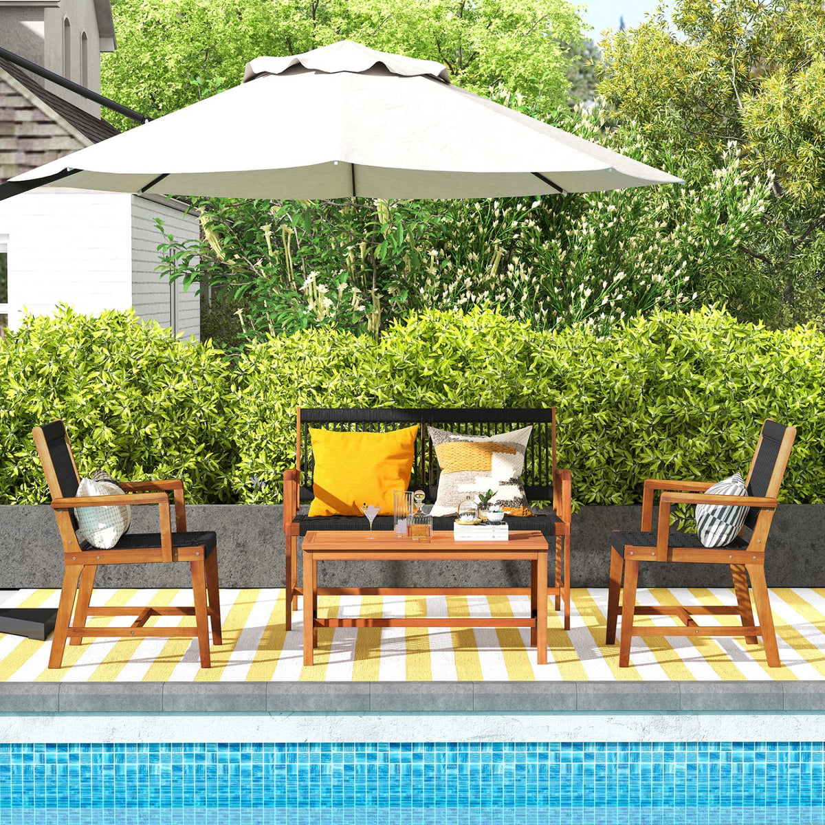 4 Pieces Acacia Wood Patio Conversation Table and Chair Set with Hand Woven Rope view 3