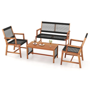 4 Pieces Acacia Wood Patio Conversation Table and Chair Set with Hand Woven Rope view 4