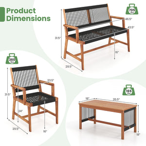 4 Pieces Acacia Wood Patio Conversation Table and Chair Set with Hand Woven Rope view 5