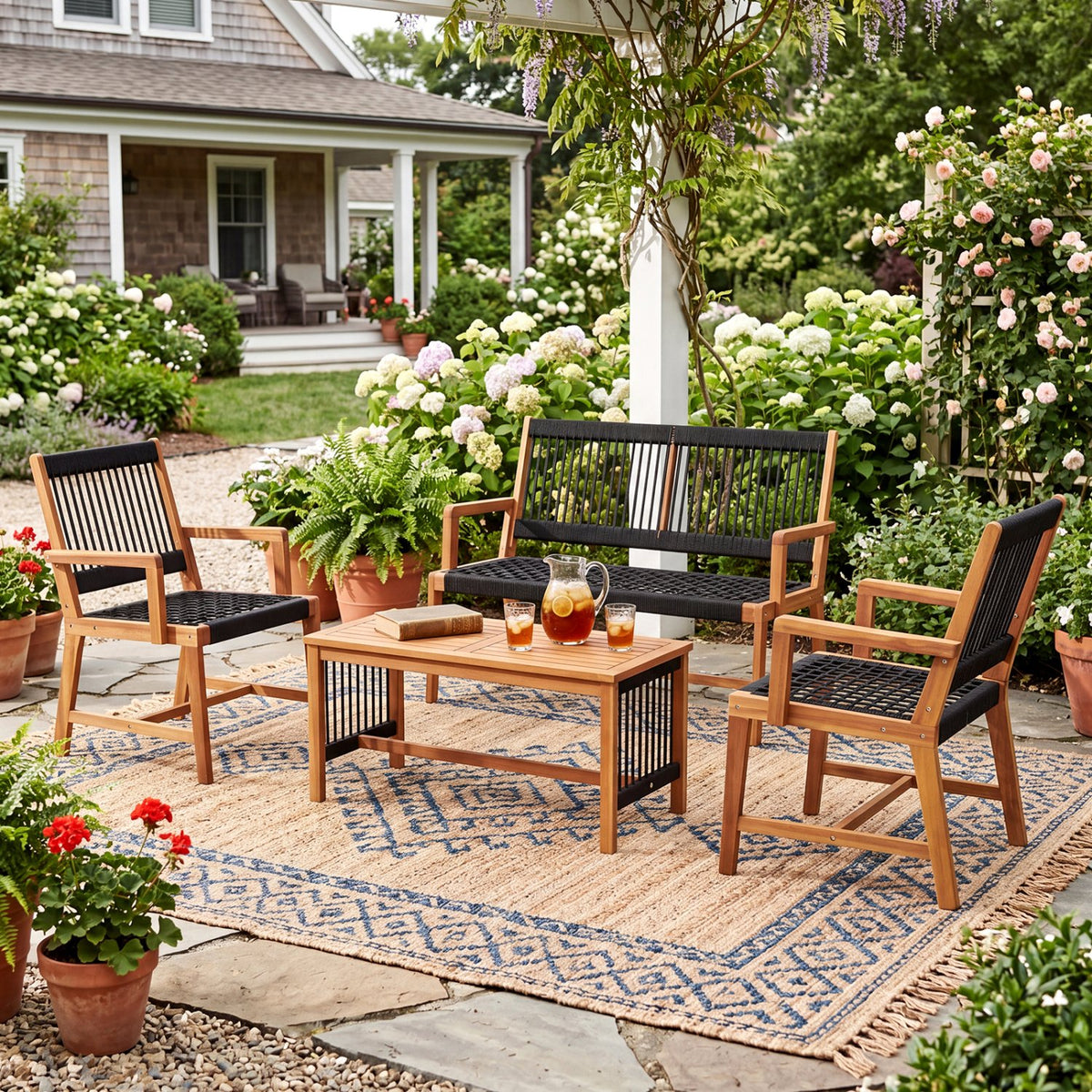 4 Pieces Acacia Wood Patio Conversation Table and Chair Set with Hand Woven Rope view 6