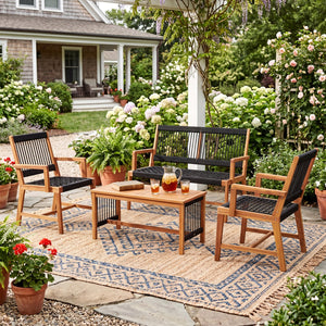 4 Pieces Acacia Wood Patio Conversation Table and Chair Set with Hand Woven Rope view 6