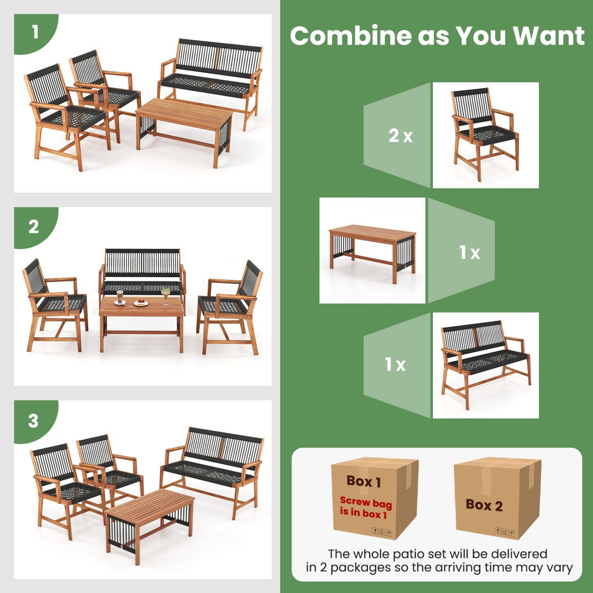 4 Pieces Acacia Wood Patio Conversation Table and Chair Set with Hand Woven Rope view 9
