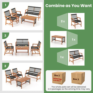 4 Pieces Acacia Wood Patio Conversation Table and Chair Set with Hand Woven Rope view 9