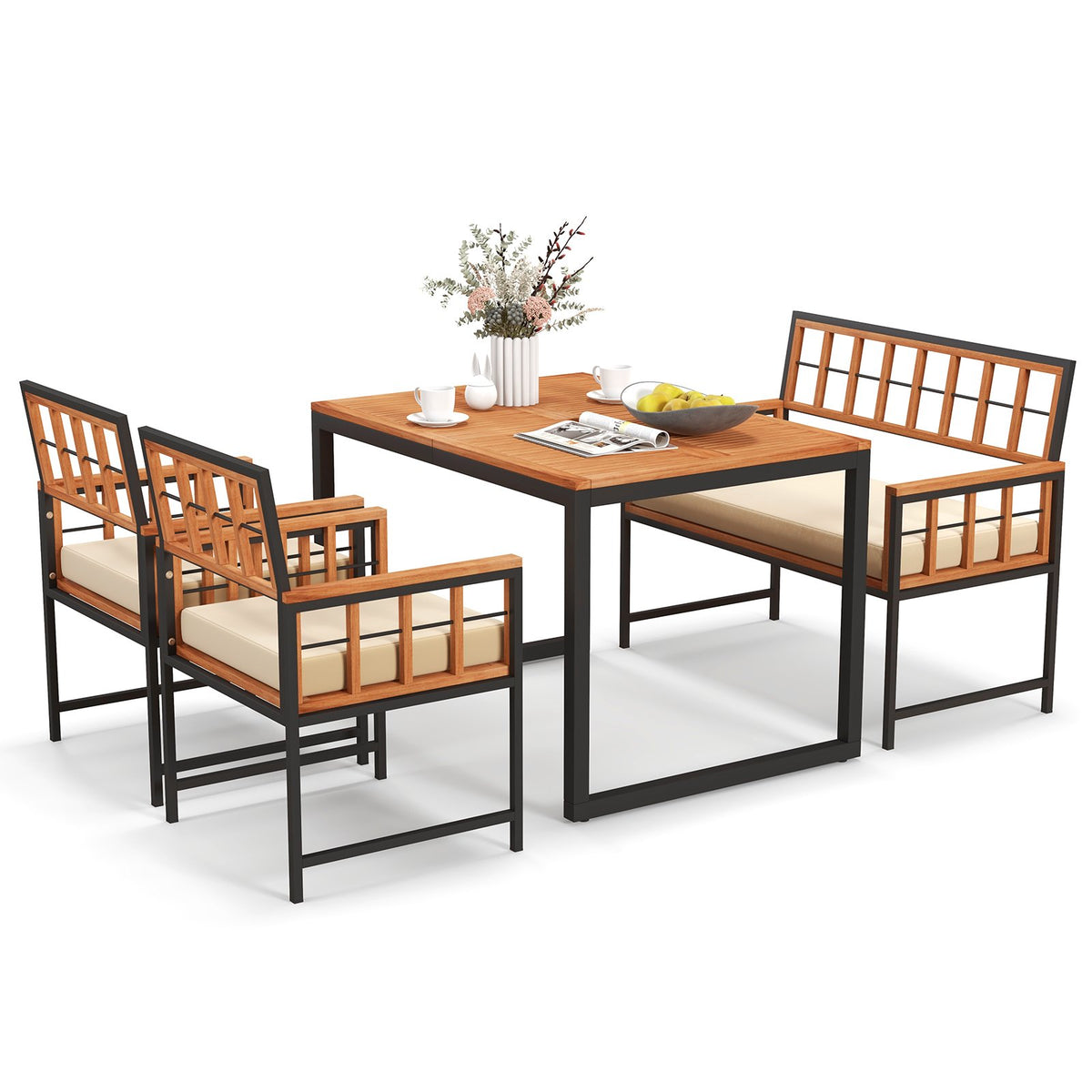 4 Pieces Acacia Wood Patio Dining Set with 1 Rectangular Table view 4