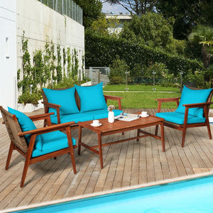 4 Pieces Acacia Wood Patio Rattan Furniture Set-Turquoise view 2