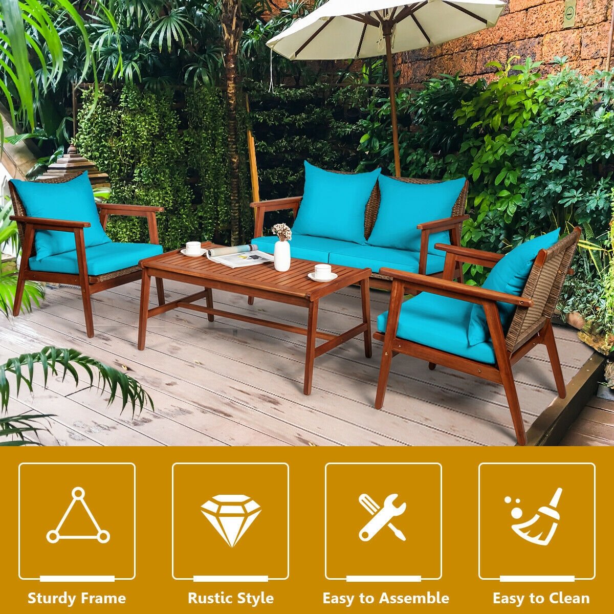 4 Pieces Acacia Wood Patio Rattan Furniture Set-Turquoise view 3