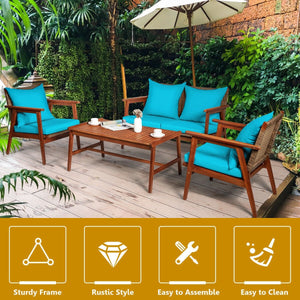 4 Pieces Acacia Wood Patio Rattan Furniture Set-Turquoise view 3