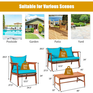 4 Pieces Acacia Wood Patio Rattan Furniture Set-Turquoise view 4