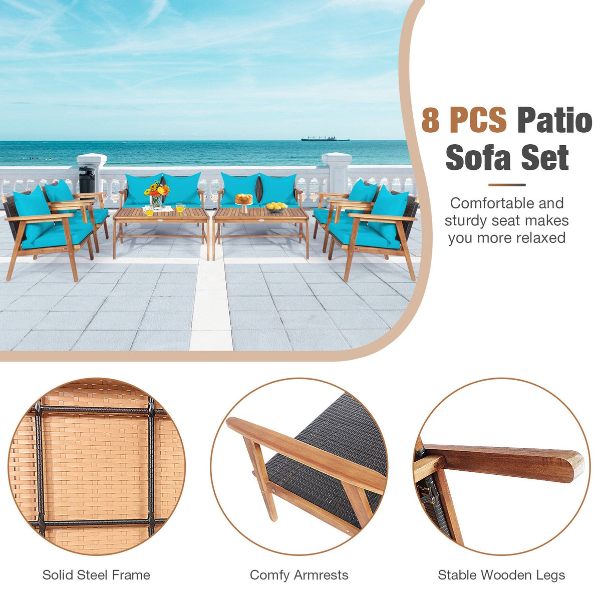 4 Pieces Acacia Wood Patio Rattan Furniture Set-Turquoise view 5