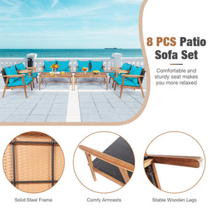4 Pieces Acacia Wood Patio Rattan Furniture Set-Turquoise view 5