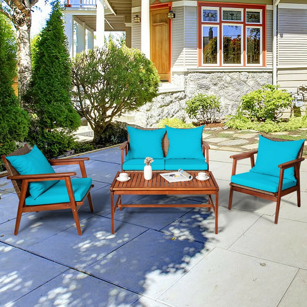 4 Pieces Acacia Wood Patio Rattan Furniture Set-Turquoise view 6