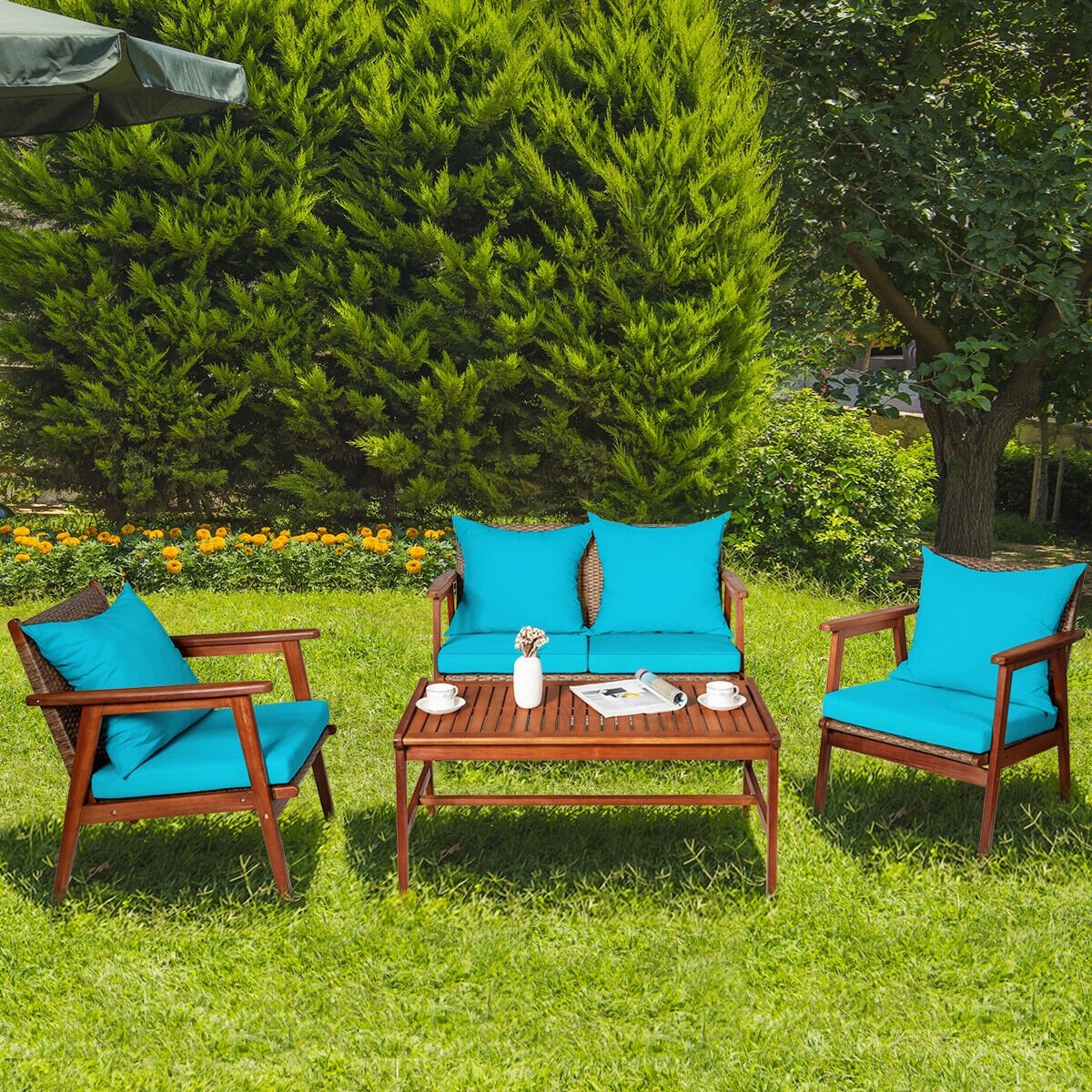 4 Pieces Acacia Wood Patio Rattan Furniture Set-Turquoise view 7