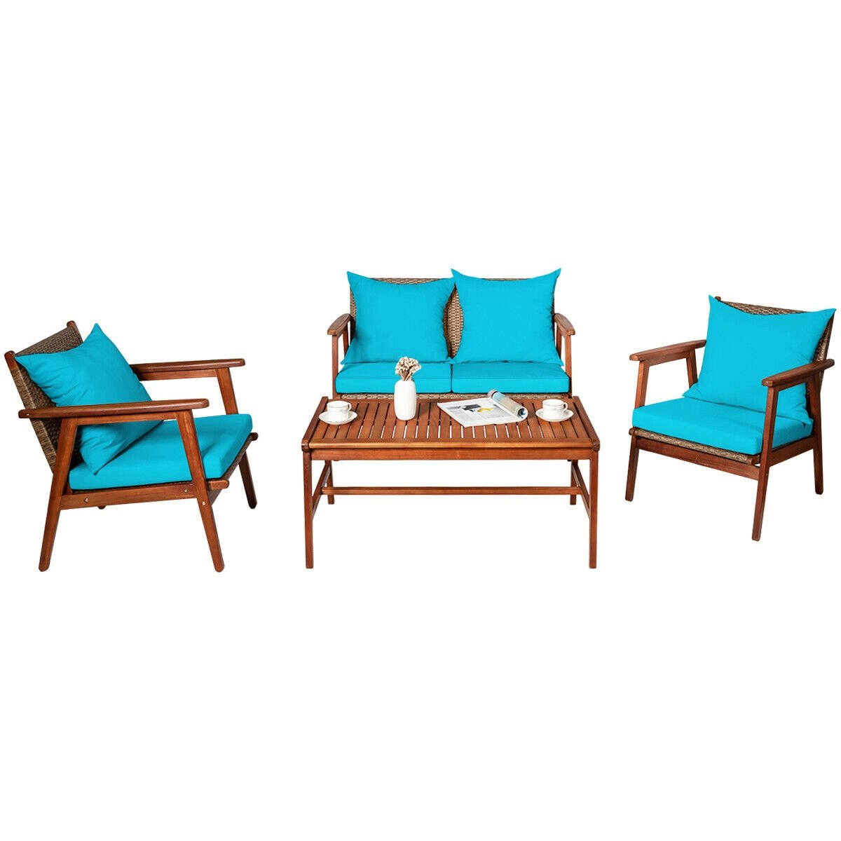 4 Pieces Acacia Wood Patio Rattan Furniture Set-Turquoise view 8