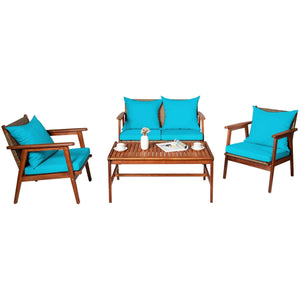 4 Pieces Acacia Wood Patio Rattan Furniture Set-Turquoise view 8