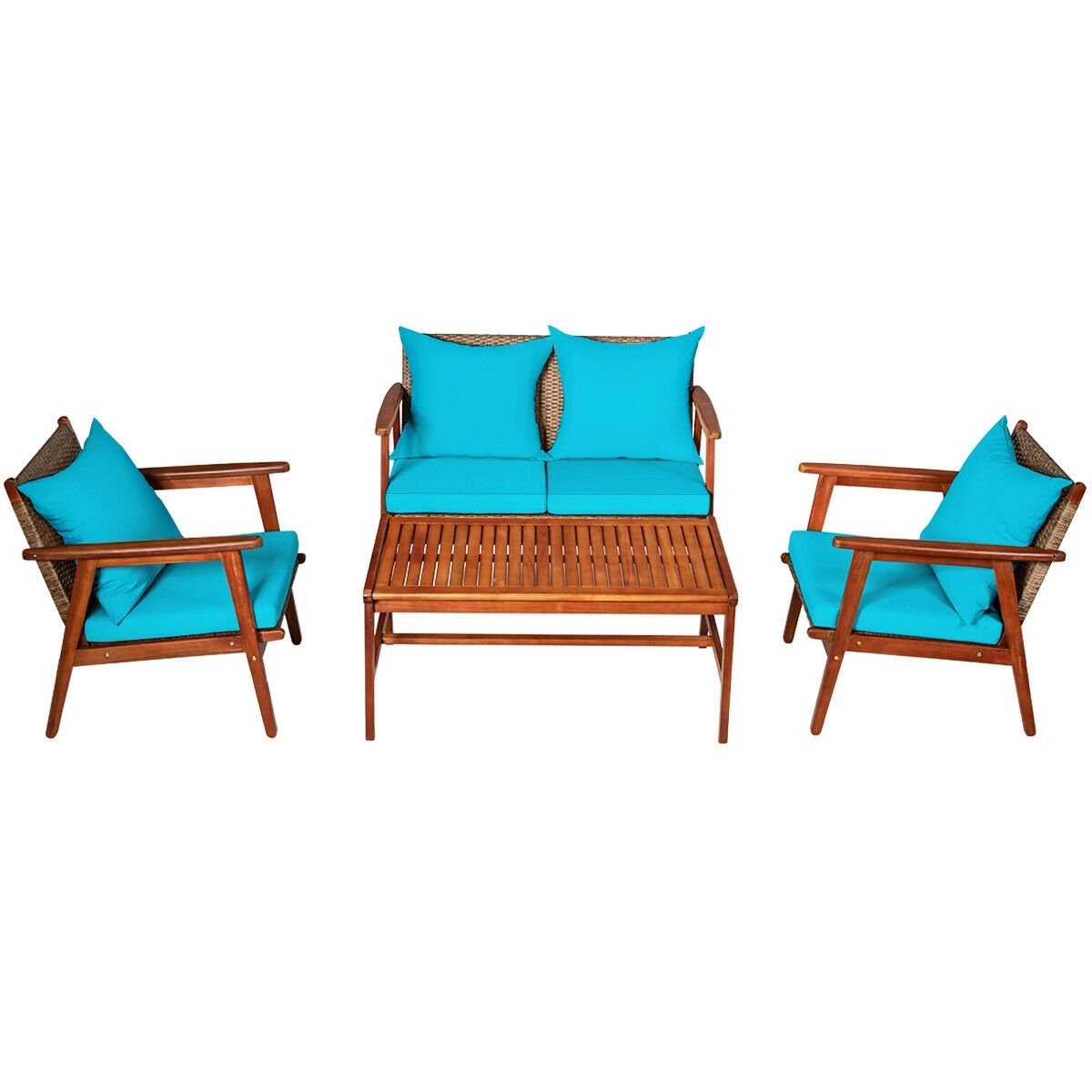 4 Pieces Acacia Wood Patio Rattan Furniture Set-Turquoise view 9