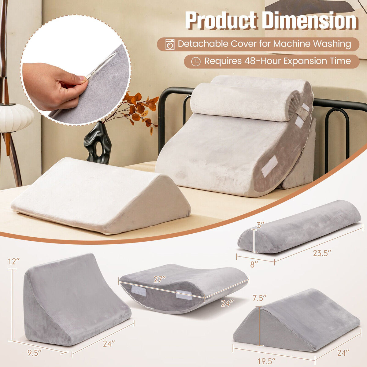 4 Pieces Bed Wedge Pillow for Back Neck and Leg Pain Relief-Gray view 5