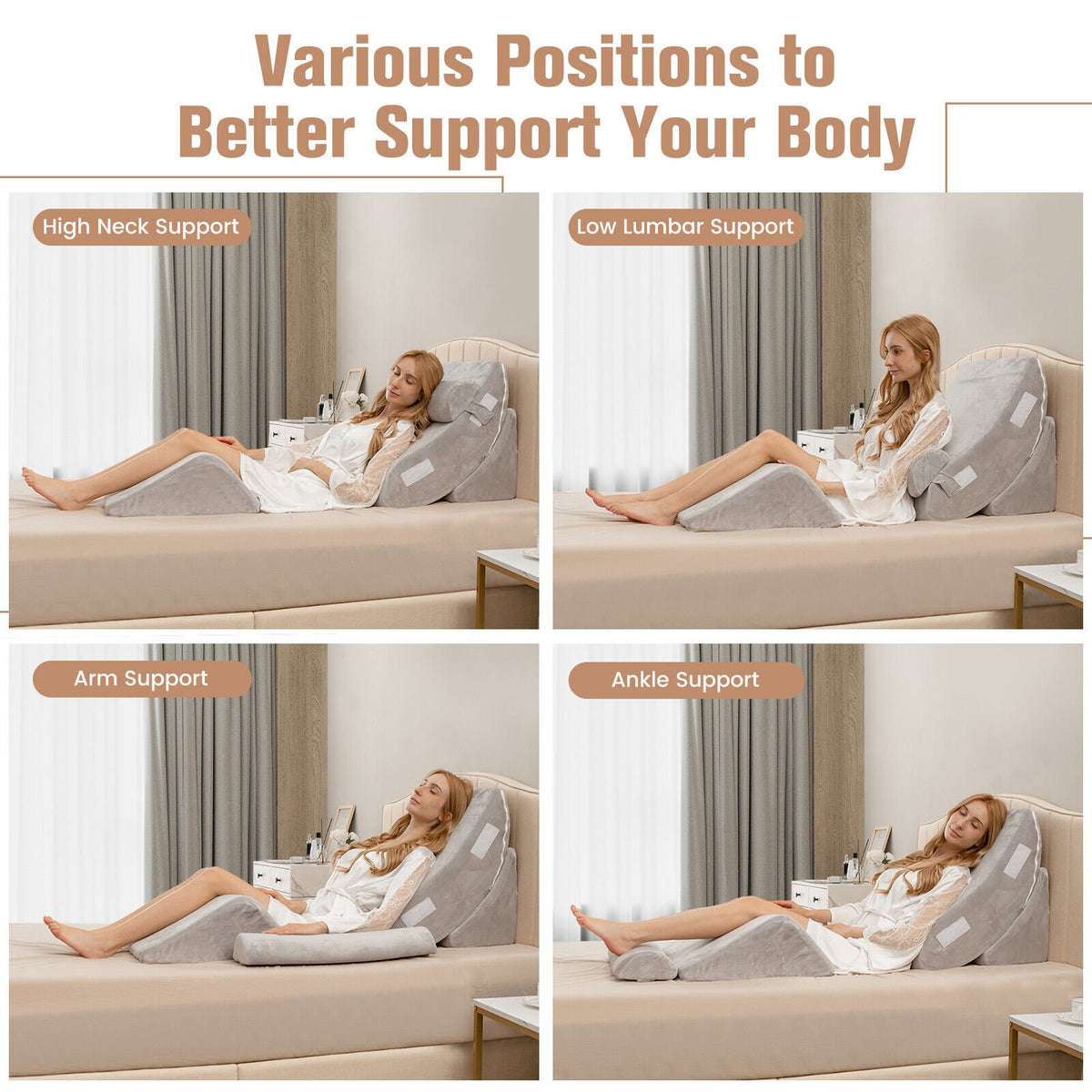 4 Pieces Bed Wedge Pillow for Back Neck and Leg Pain Relief-Gray view 7