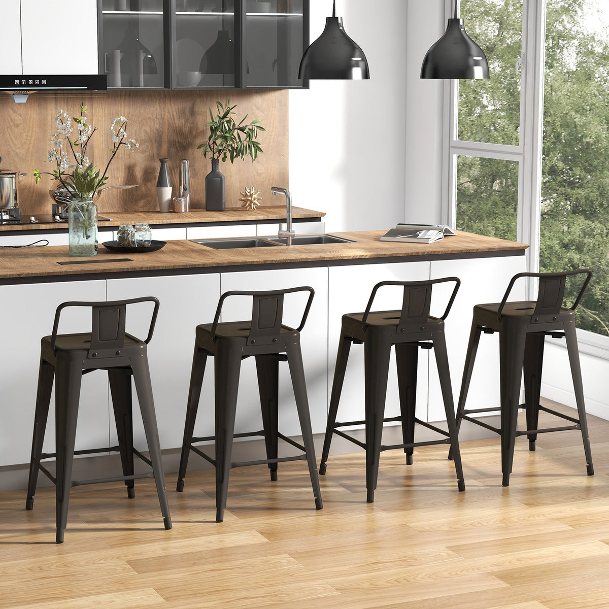 24 Inch Set of 4 Cafe Side Chairs with Rubber Feet and Removable Backs-Gun view 3