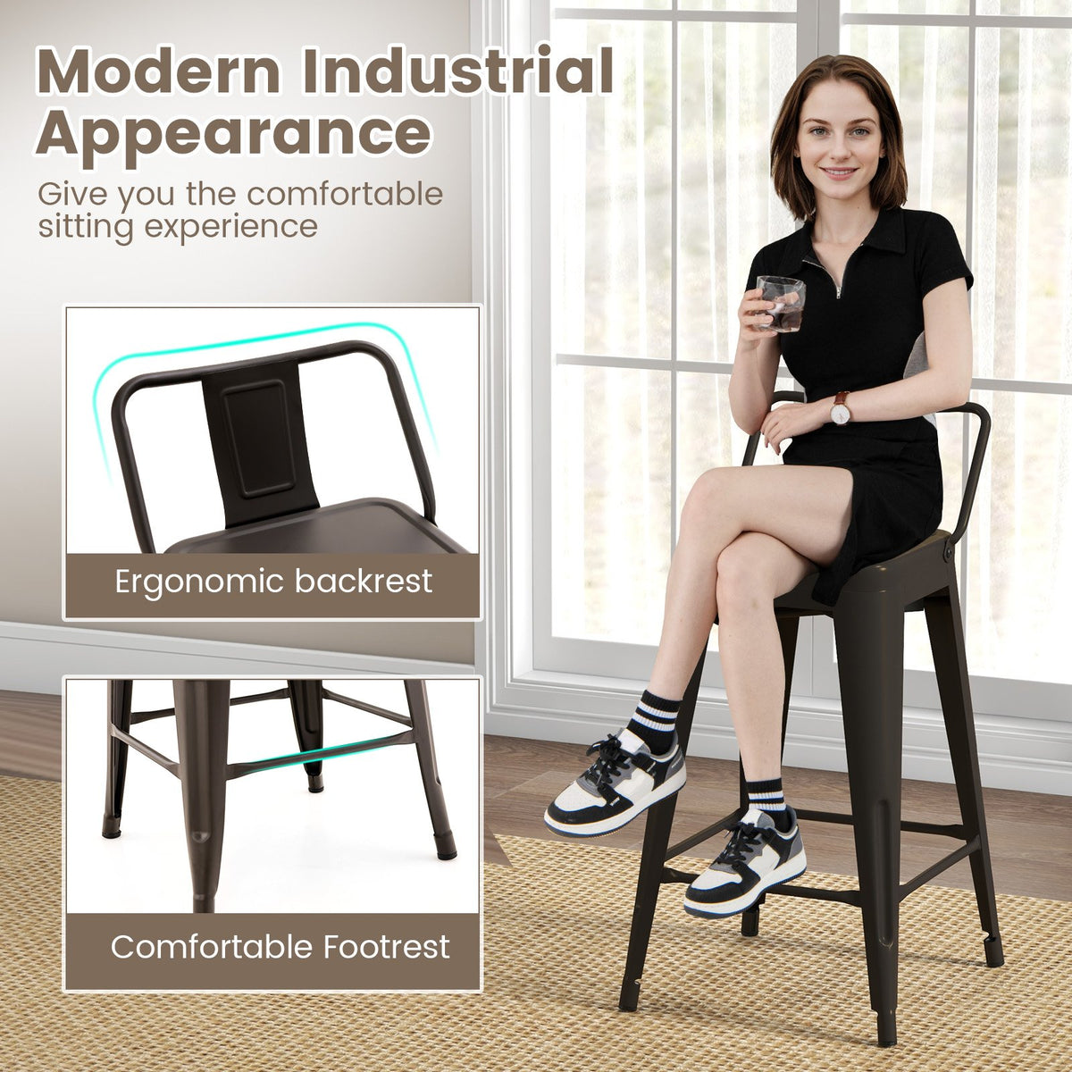 24 Inch Set of 4 Cafe Side Chairs with Rubber Feet and Removable Backs-Gun view 7