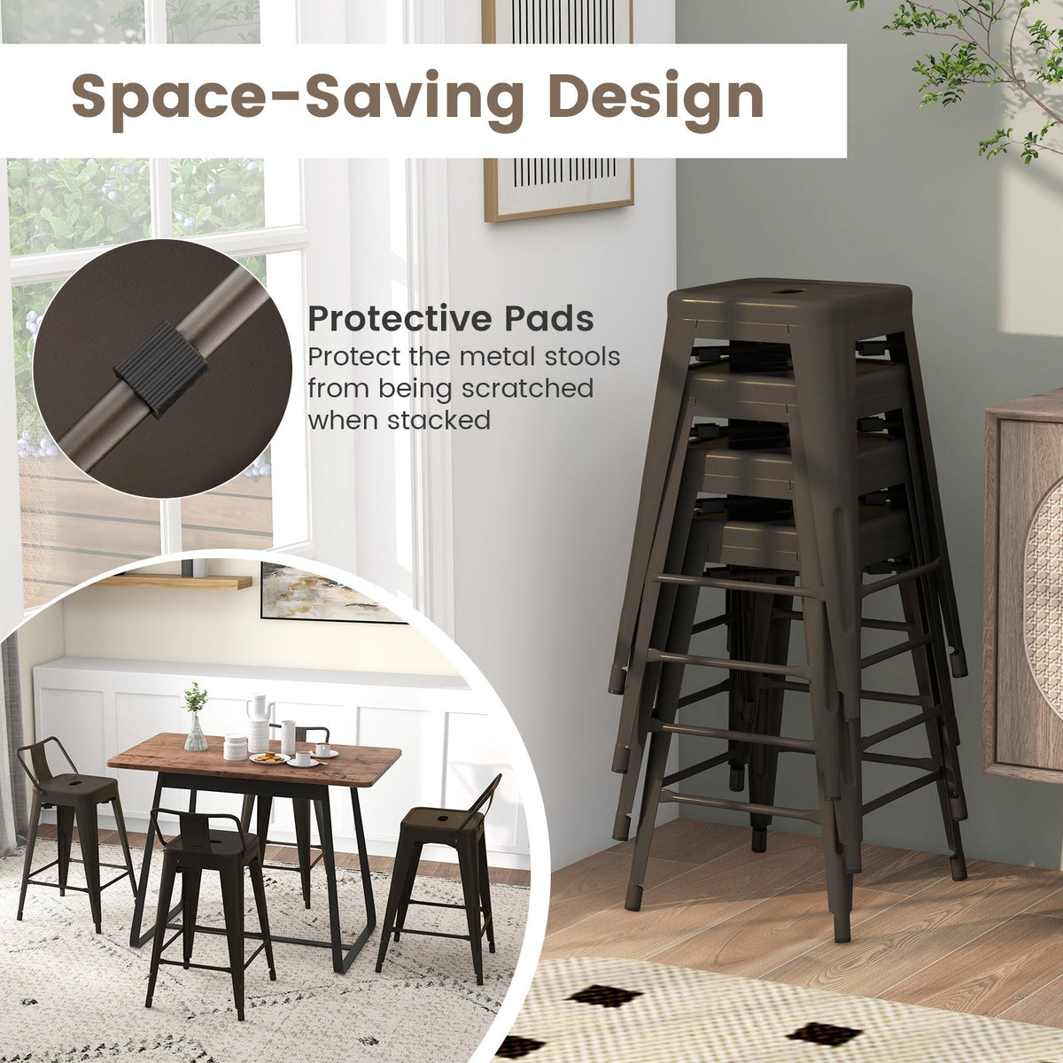 24 Inch Set of 4 Cafe Side Chairs with Rubber Feet and Removable Backs-Gun view 9