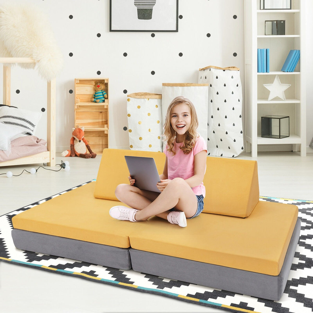 4 Pieces Convertible Kids Couch Set with 2 Folding Mats-Yellow view 2