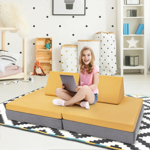4 Pieces Convertible Kids Couch Set with 2 Folding Mats-Yellow view 2