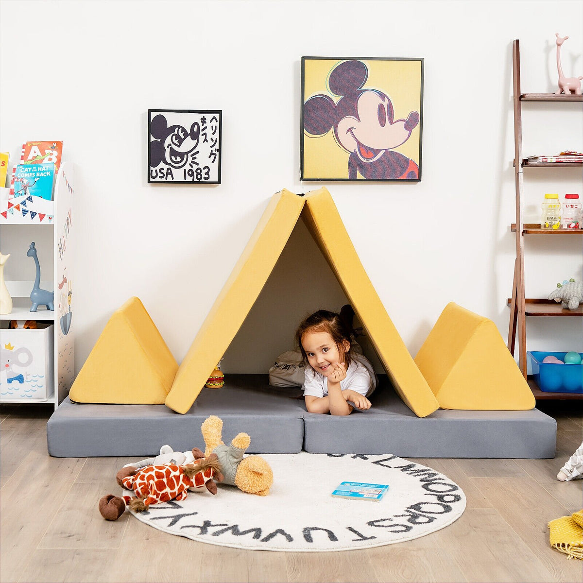 4 Pieces Convertible Kids Couch Set with 2 Folding Mats-Yellow view 3