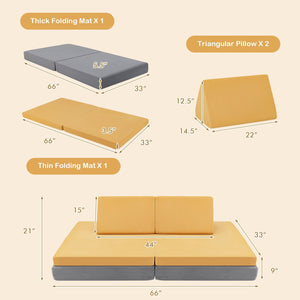 4 Pieces Convertible Kids Couch Set with 2 Folding Mats-Yellow view 4