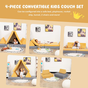 4 Pieces Convertible Kids Couch Set with 2 Folding Mats-Yellow view 5
