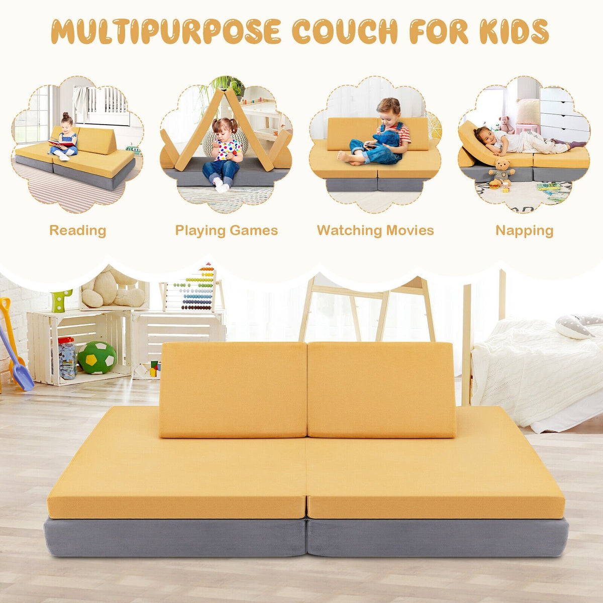 4 Pieces Convertible Kids Couch Set with 2 Folding Mats-Yellow view 6
