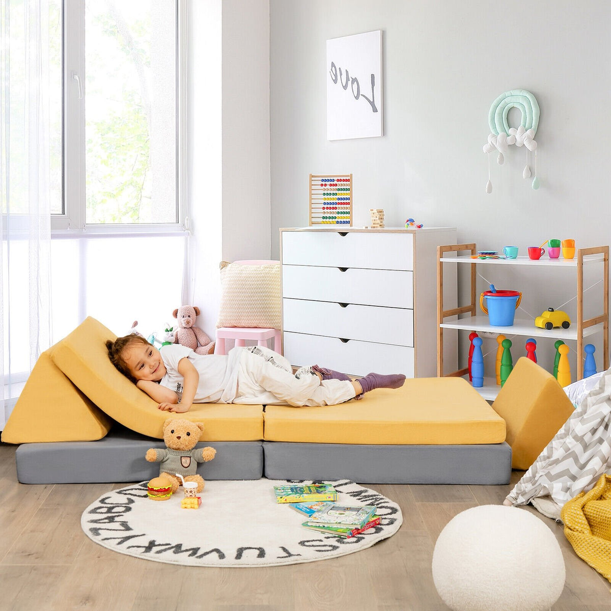 4 Pieces Convertible Kids Couch Set with 2 Folding Mats-Yellow view 7