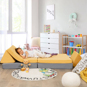 4 Pieces Convertible Kids Couch Set with 2 Folding Mats-Yellow view 7