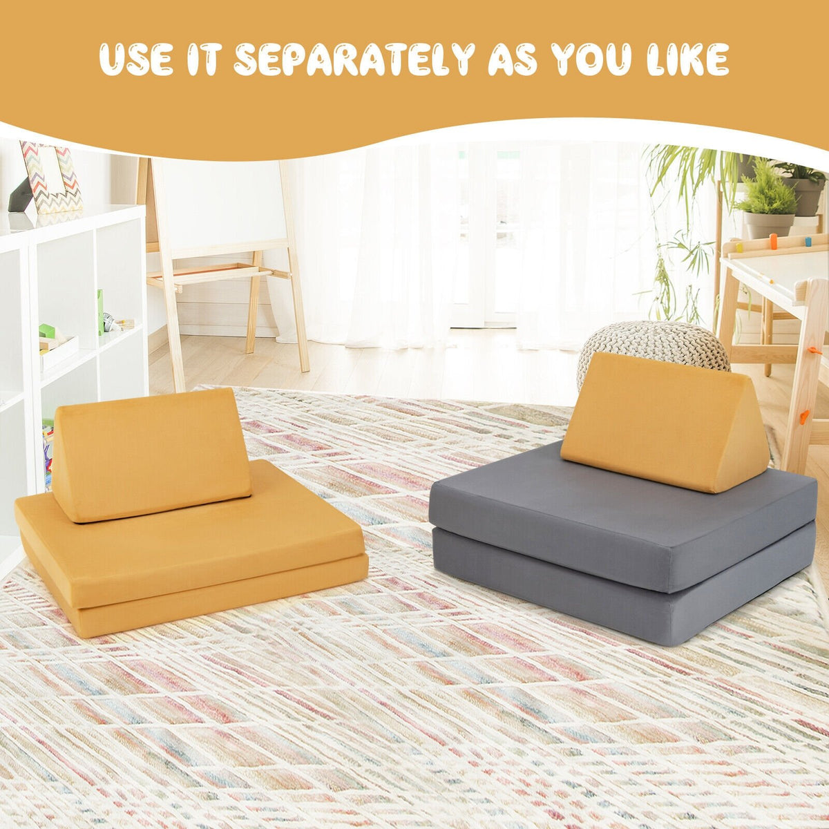 4 Pieces Convertible Kids Couch Set with 2 Folding Mats-Yellow view 8