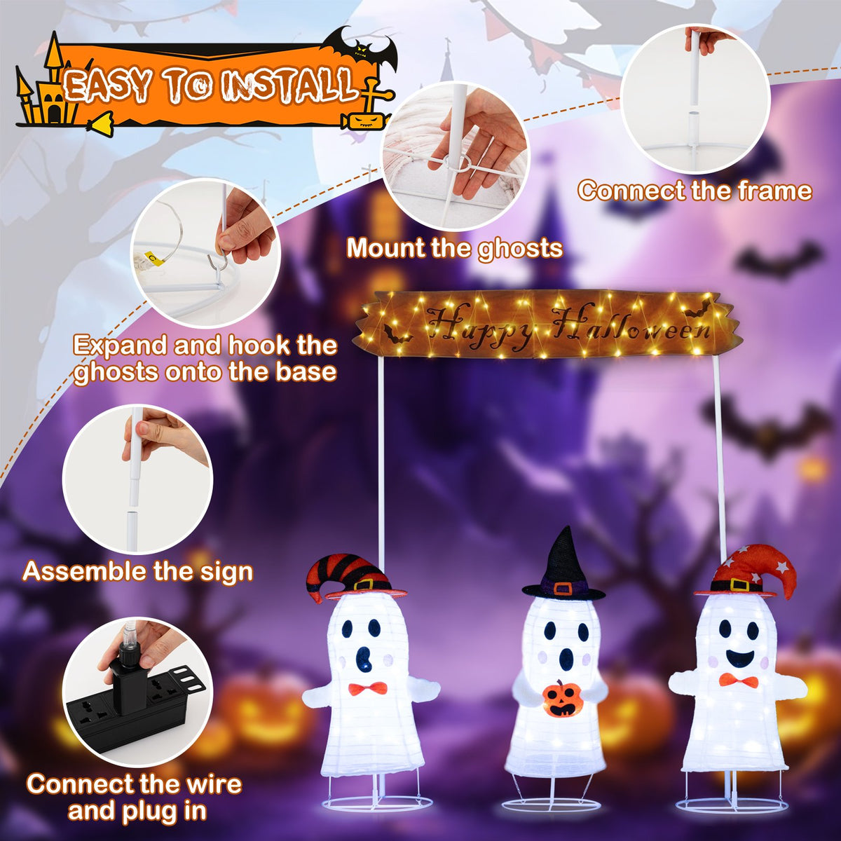 4 Pieces Halloween Decoration Pop up Ghosts with Gate and LED Lights view 6