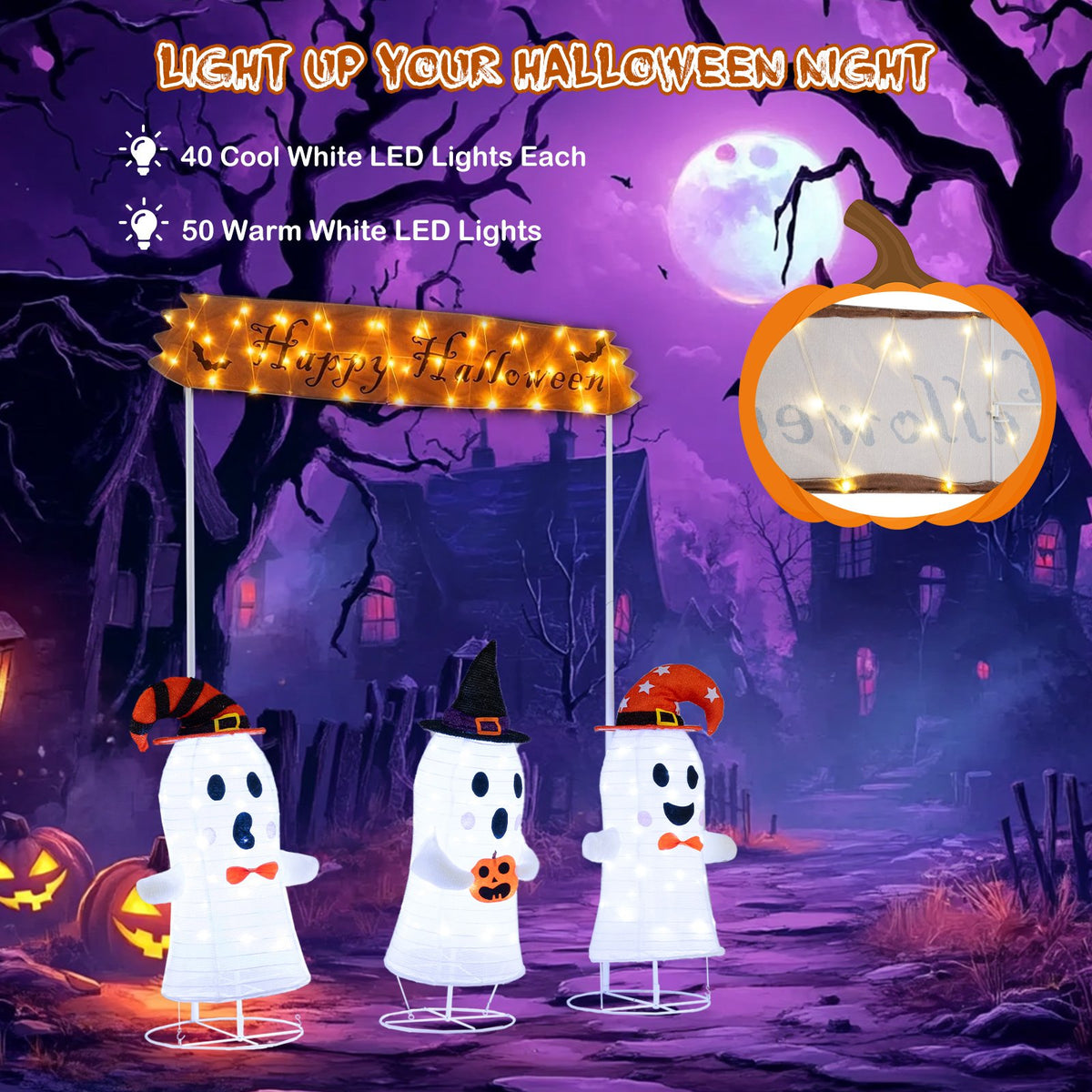 4 Pieces Halloween Decoration Pop up Ghosts with Gate and LED Lights view 7