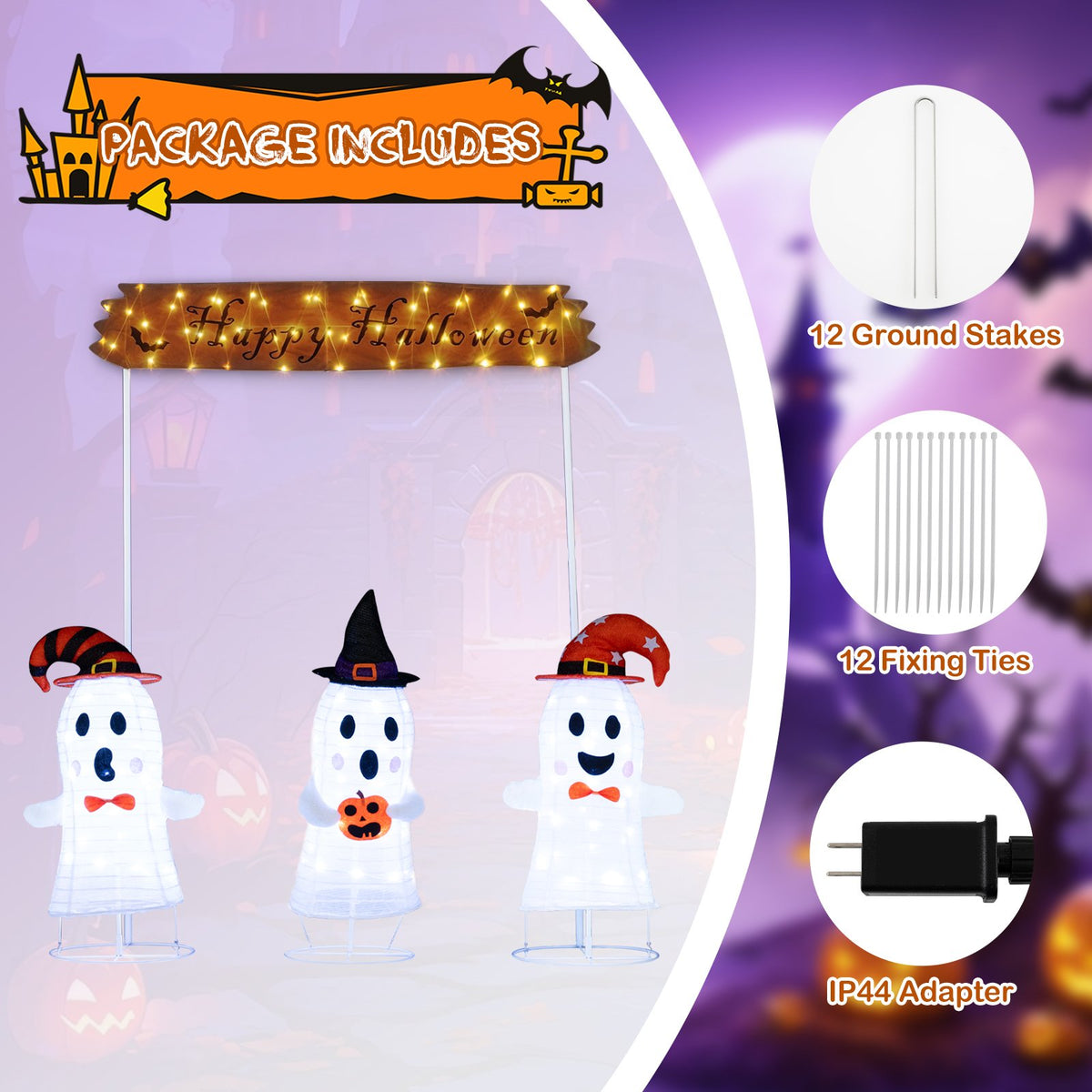 4 Pieces Halloween Decoration Pop up Ghosts with Gate and LED Lights view 9