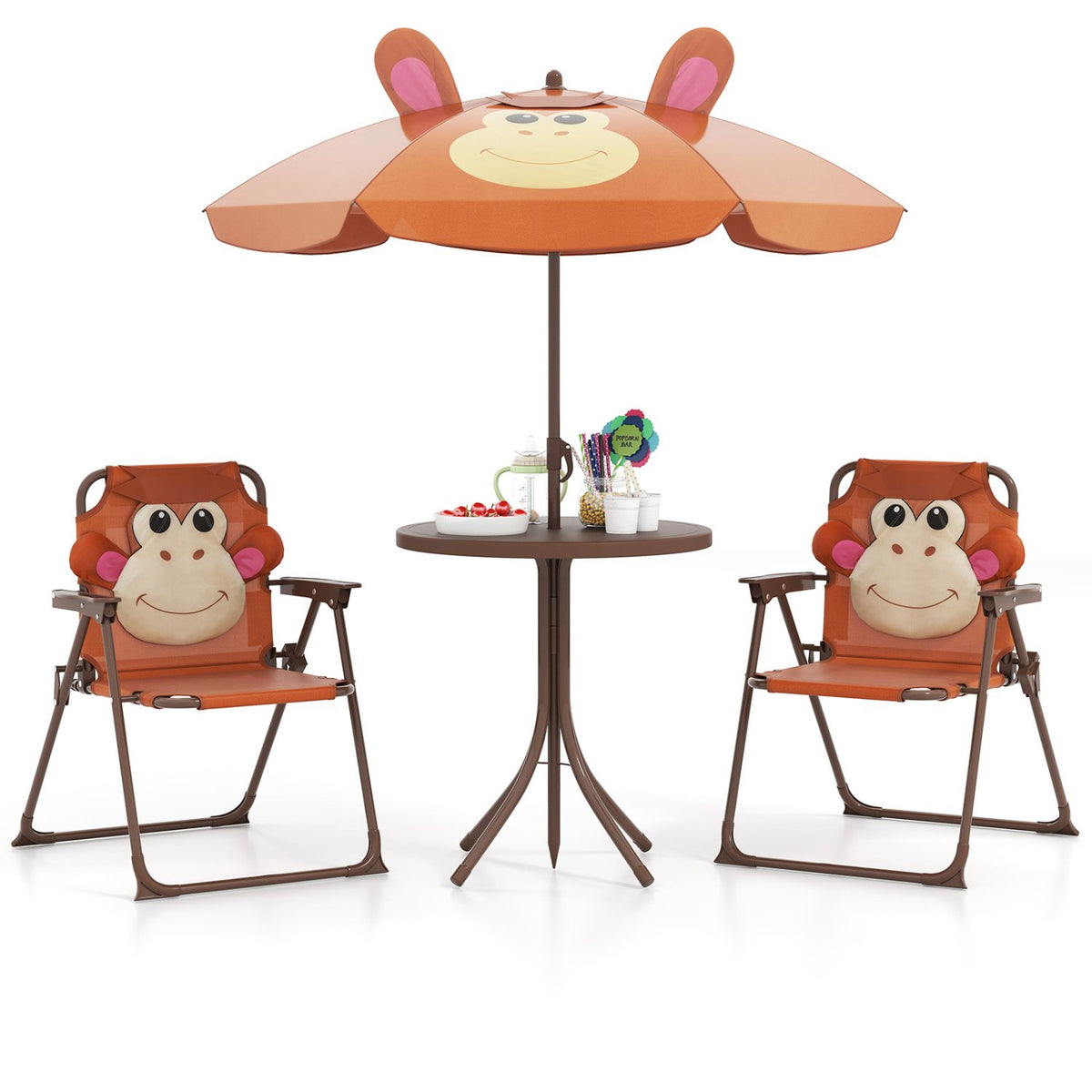 4 Pieces Kids Picnic Set with 2 Folding Chairs and Height Adjustable Umbrella-Brown