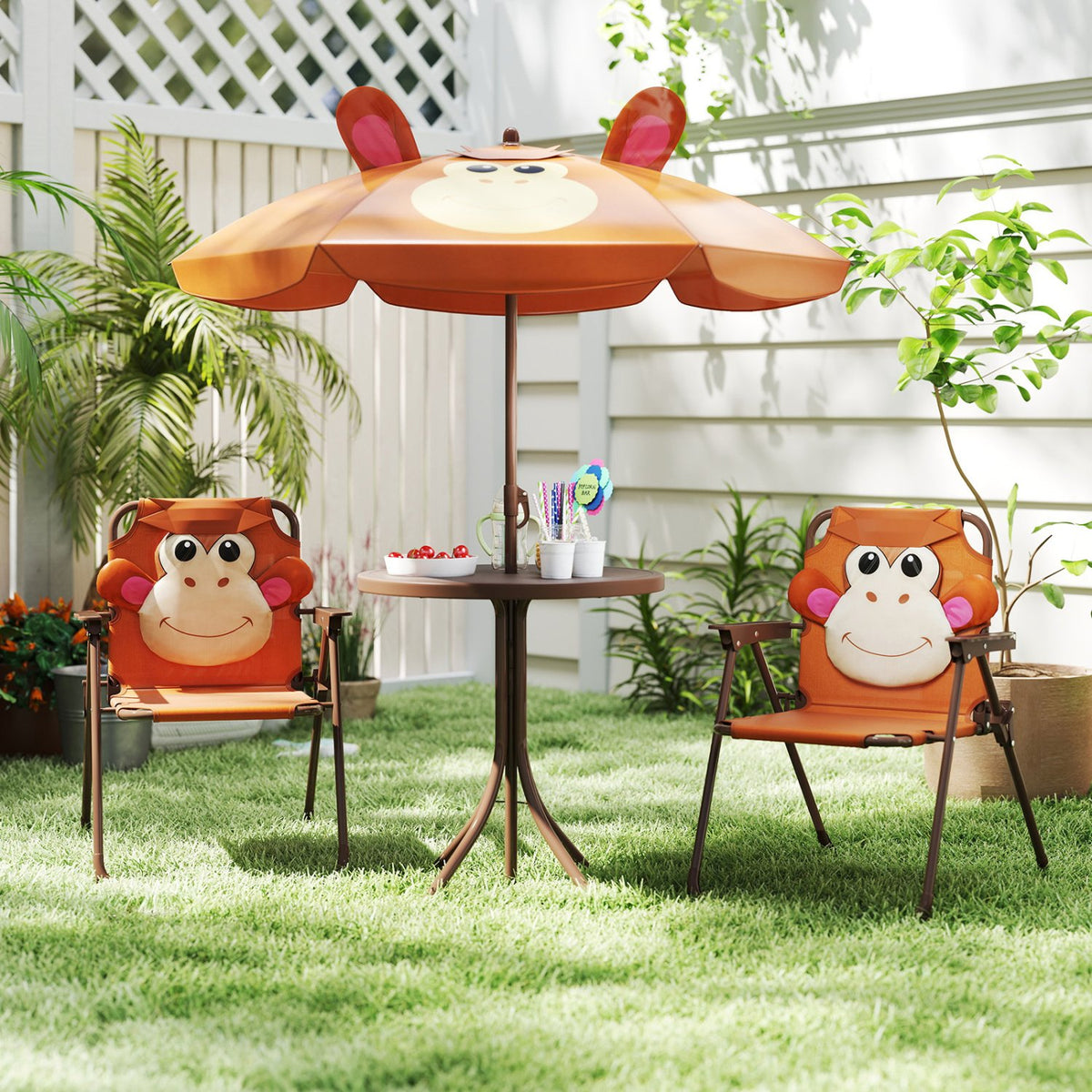 4 Pieces Kids Picnic Set with 2 Folding Chairs and Height Adjustable Umbrella-Brown view 2