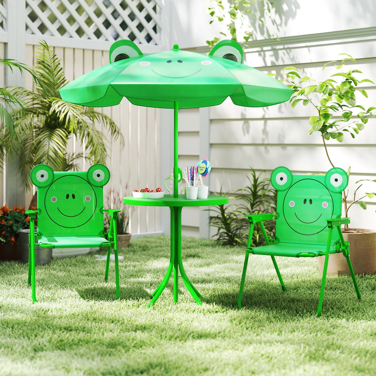 4 Pieces Kids Picnic Set with 2 Folding Chairs and Height Adjustable Umbrella-Green view 2