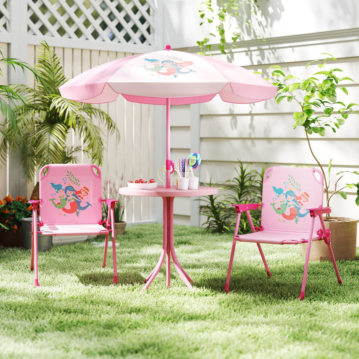 4 Pieces Kids Picnic Set with 2 Folding Chairs and Height Adjustable Umbrella-Pink view 2