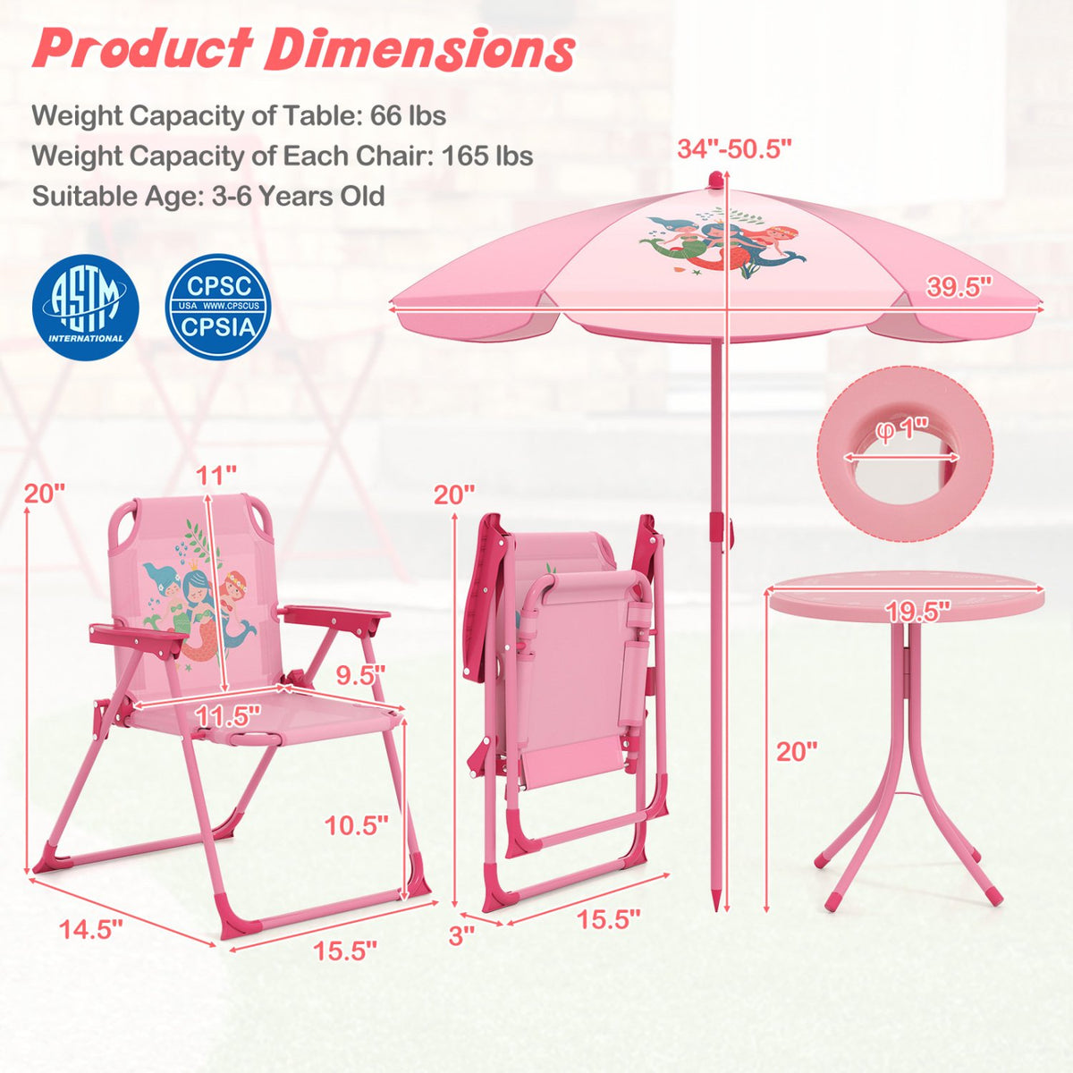 4 Pieces Kids Picnic Set with 2 Folding Chairs and Height Adjustable Umbrella-Pink view 5