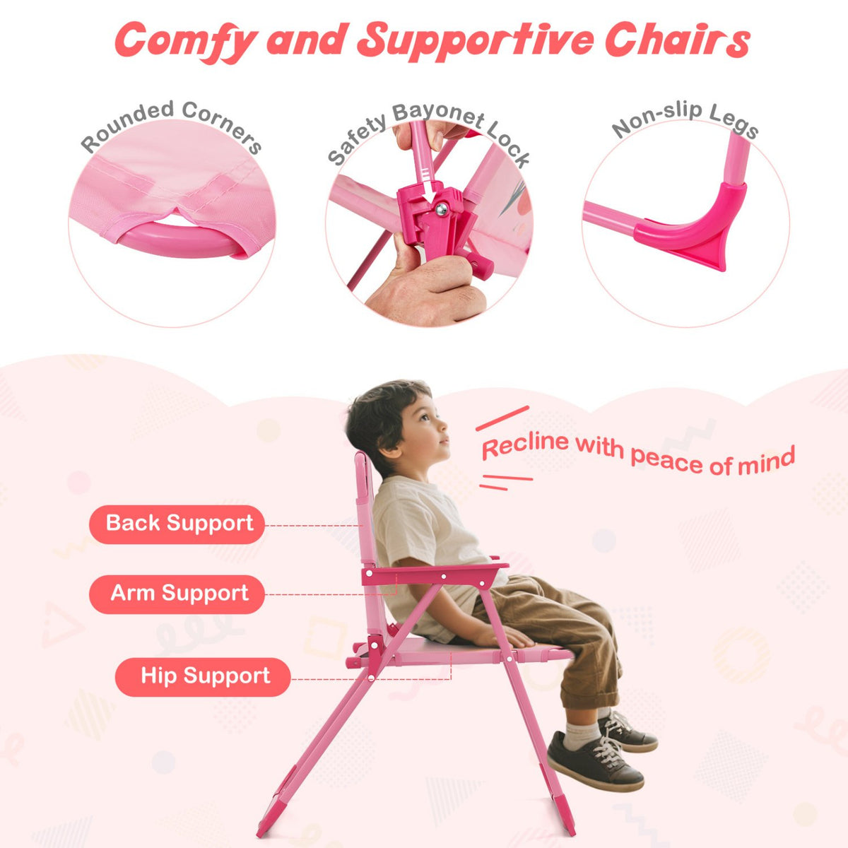 4 Pieces Kids Picnic Set with 2 Folding Chairs and Height Adjustable Umbrella-Pink view 7