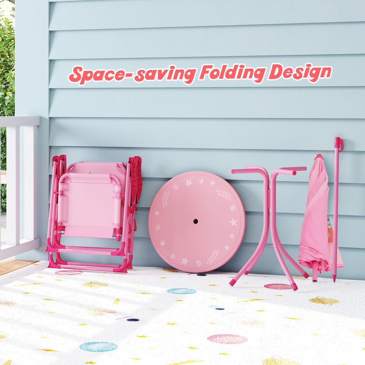 4 Pieces Kids Picnic Set with 2 Folding Chairs and Height Adjustable Umbrella-Pink view 9