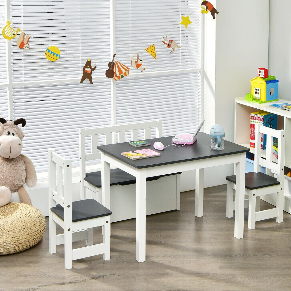 4 Pieces Kids Wooden Activity Table and Chairs Set with Storage Bench and Study Desk-Gray view 2