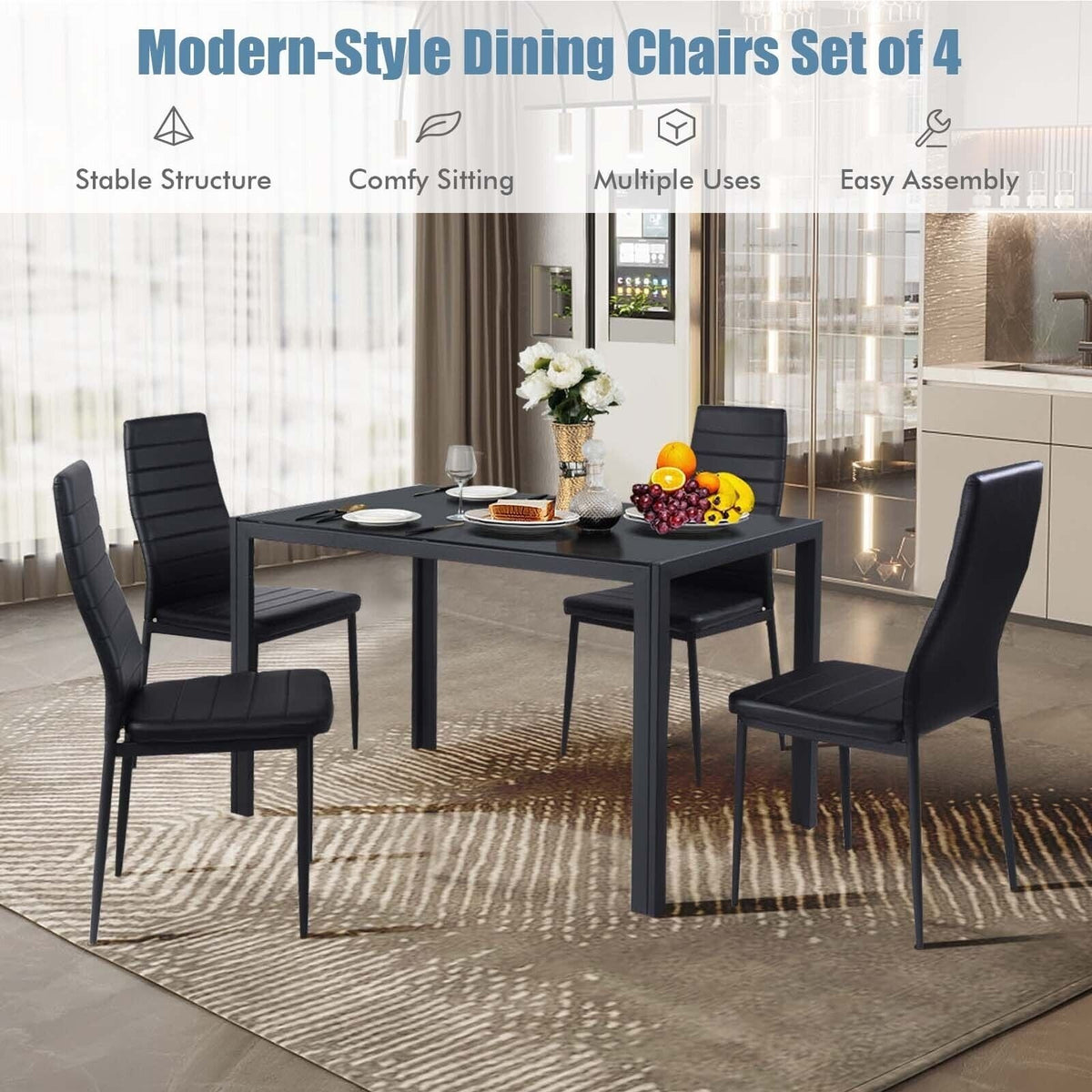 4 Pieces Modern Leather Dinning Chairs Set with Metal Frame view 3