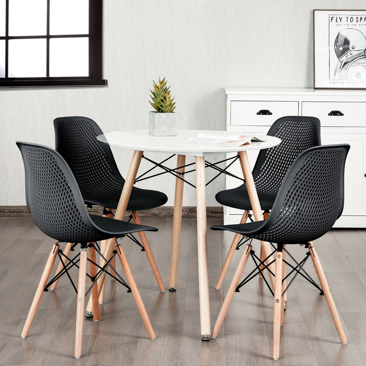 4 Pieces Modern Plastic Hollow Chair Set with Wood Leg-Black view 2