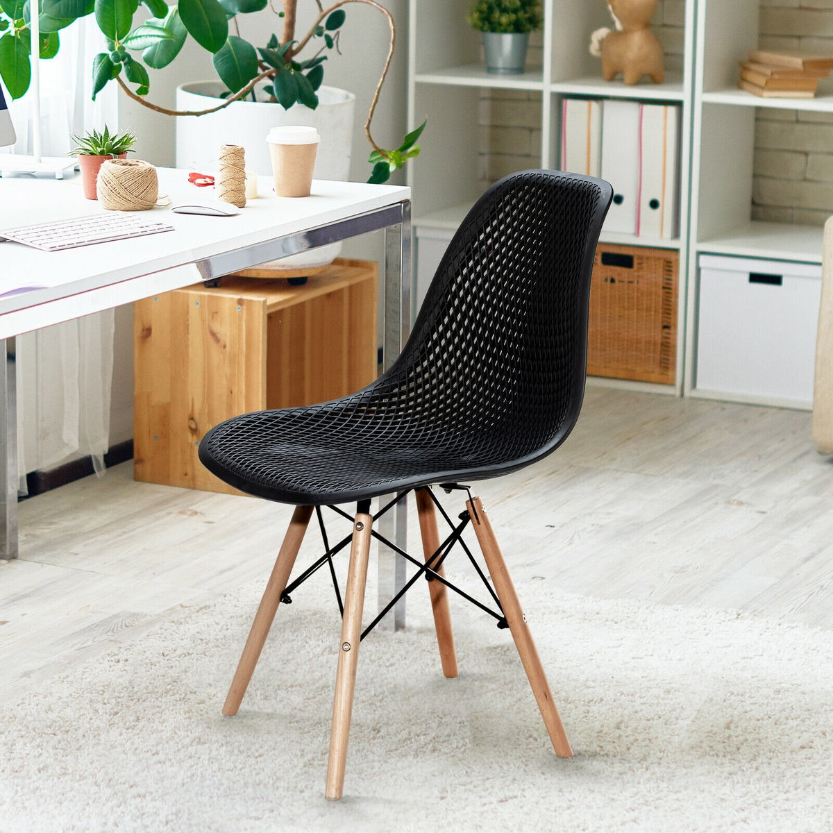 4 Pieces Modern Plastic Hollow Chair Set with Wood Leg-Black view 3