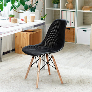 4 Pieces Modern Plastic Hollow Chair Set with Wood Leg-Black view 3