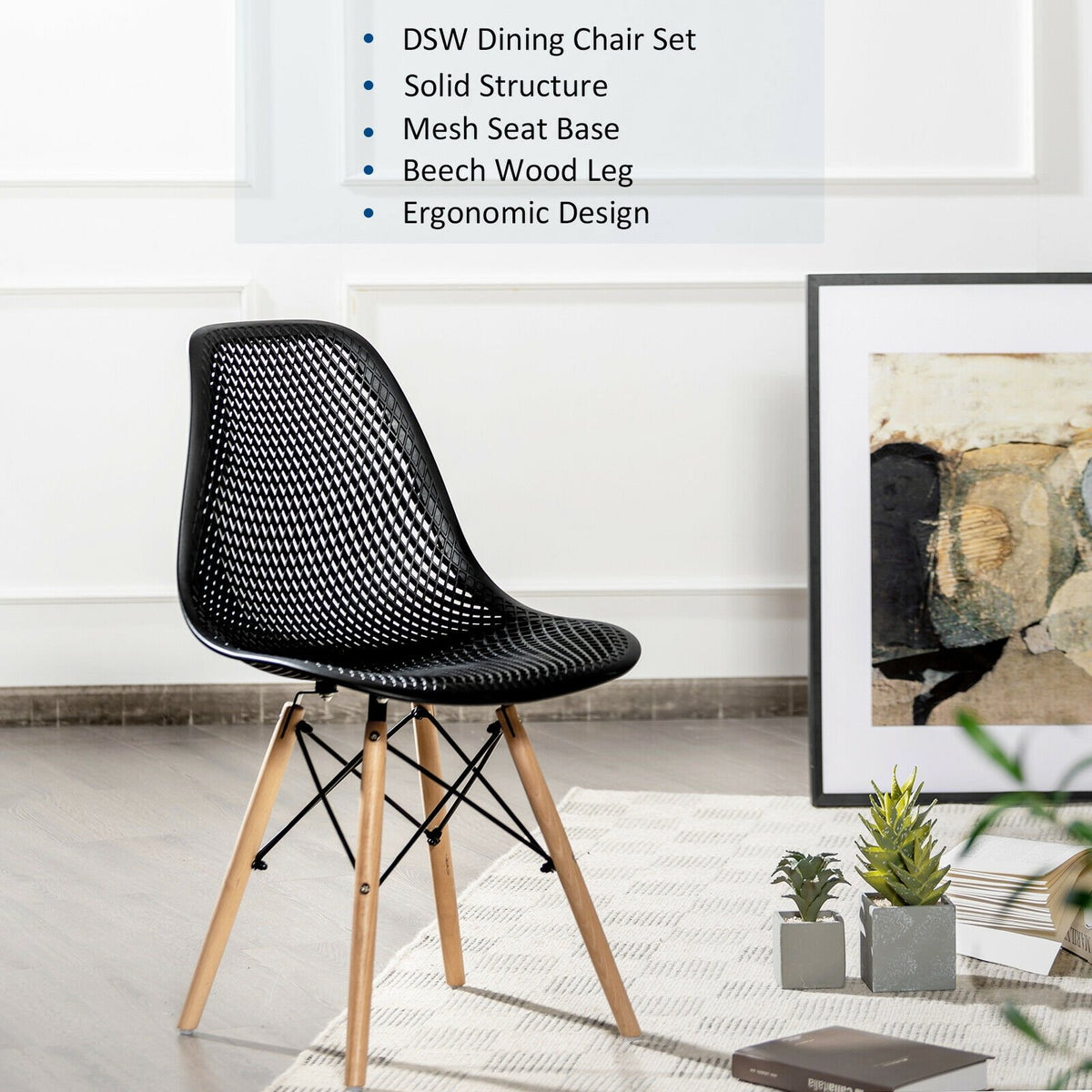 4 Pieces Modern Plastic Hollow Chair Set with Wood Leg-Black view 8